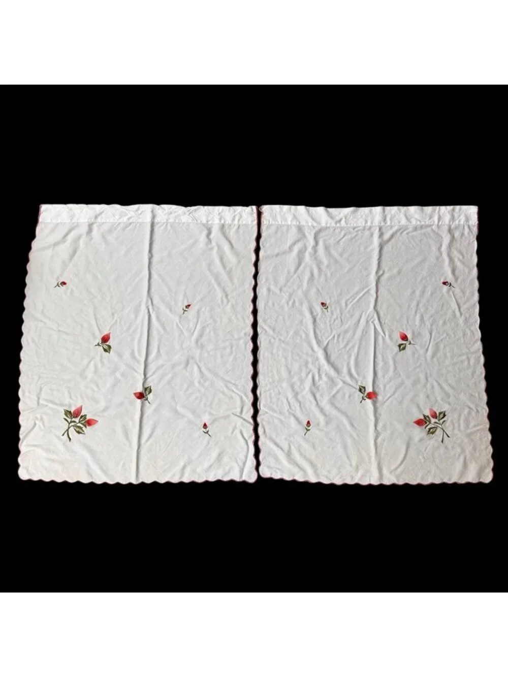 Vintage Rose Scallop Curtain Panels Japan Floral Embroidery Red Pink Melon READ